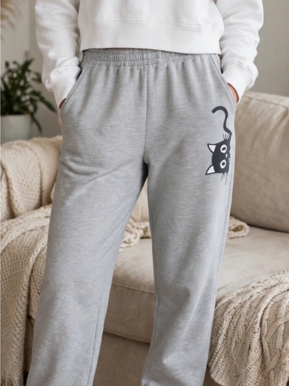 Gray Cat Graphic Sweatpants